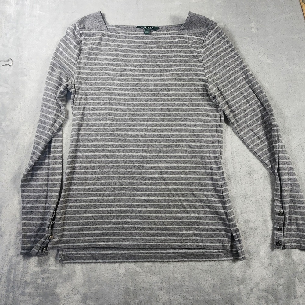 Lauren Ralph Lauren Top Large Gray Striped Square Neck Long Sleeve Shirt Women's